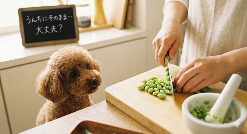 枝豆を刻んでいる人とトイプードル