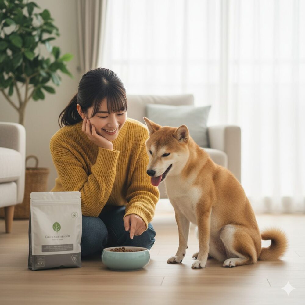 愛犬が満足してドッグフードを食べている画像