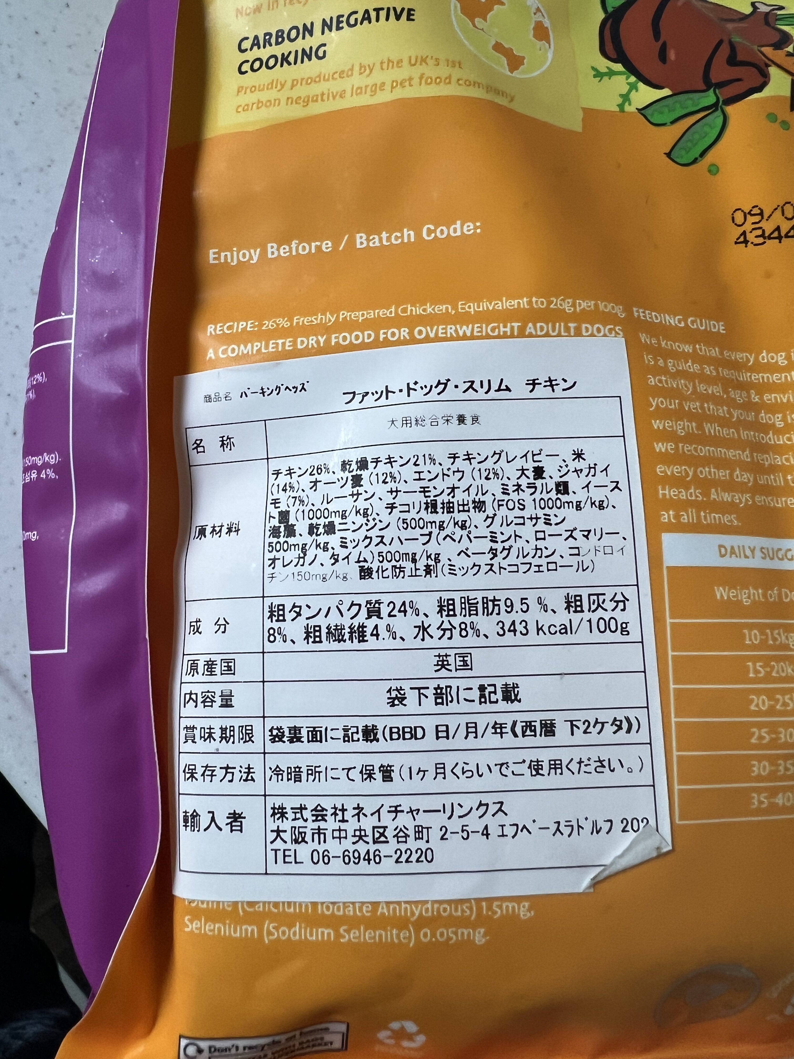 バーキングヘッズ　ファット ドッグ スリム チキンパッケージ裏面写真